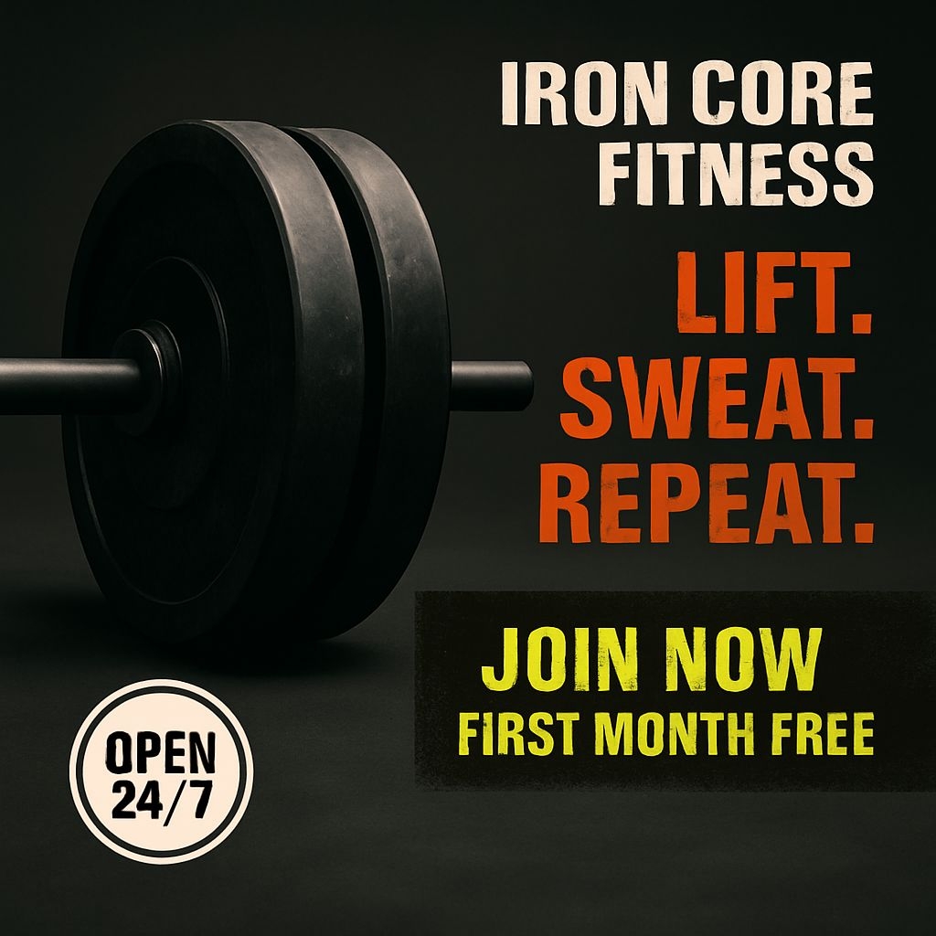 Bold Iron Core Fitness Promotion with Barbell Graphic Ads