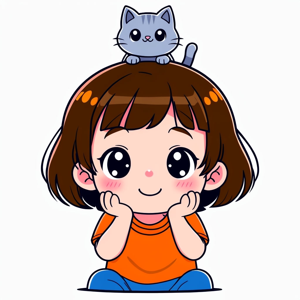 Happy Cartoon Child with Gray-Blue Cat Illustration Sticker