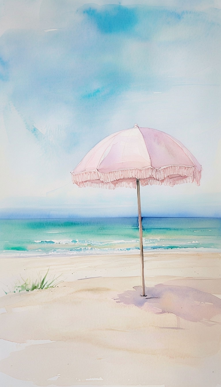 Pastel Pink Umbrella on Tranquil Beach Watercolor Art Phone Case Cover