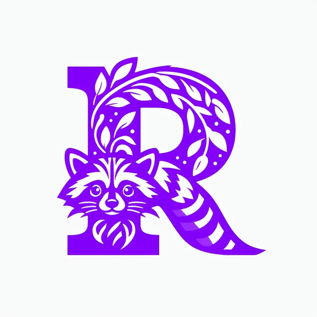 Vibrant Purple Letter R with Raccoon Illustration Monogram