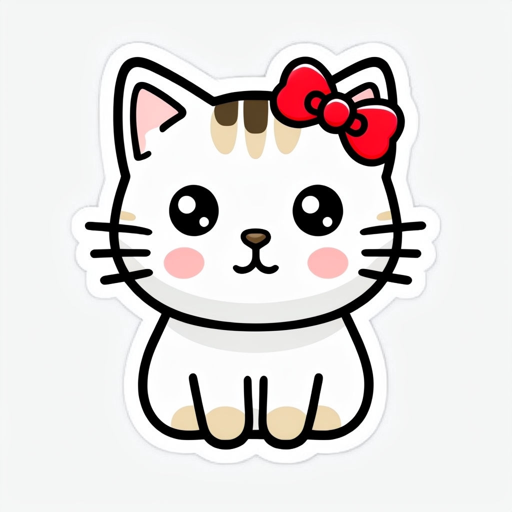 Cute Minimalistic Cartoon Cat with Red Bow Sticker