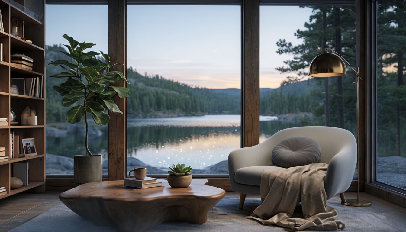 Cozy Reading Nook with Scenic Lake View Virtual Background