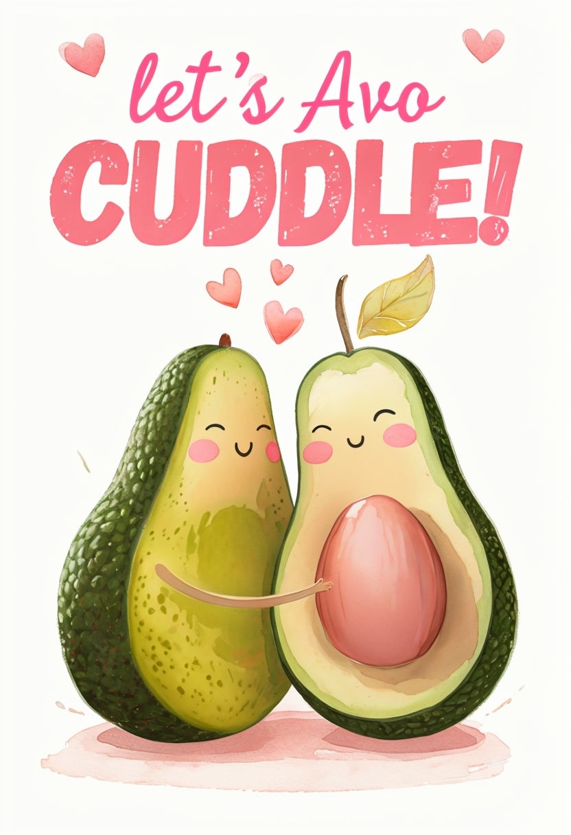 Whimsical Avocado Cuddle Cartoon Illustration Poster