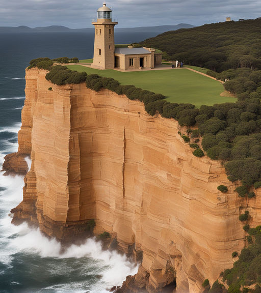 An Australian style sandstone block lighthouse on top of a s... by the ...