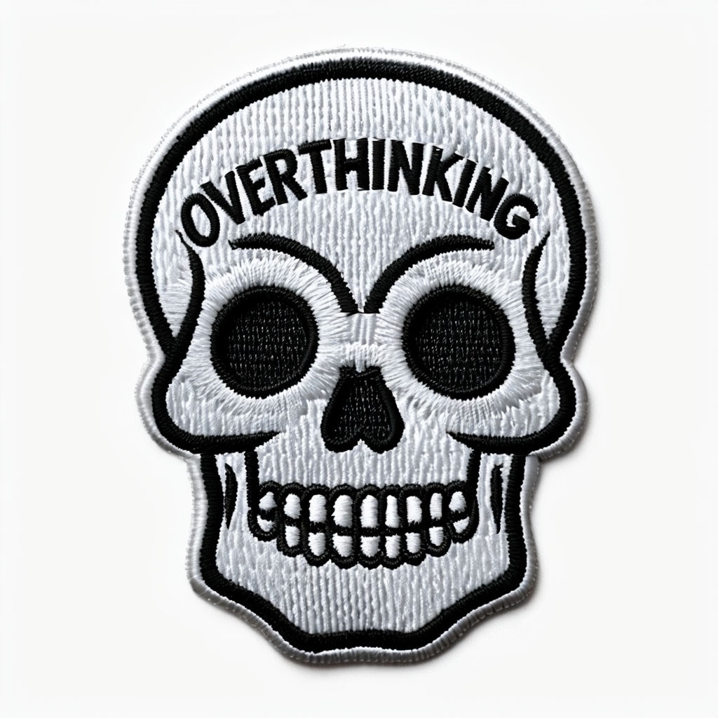 Stylish Embroidered Skull Patch with Overthinking Text for Hats