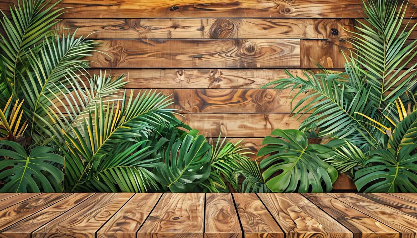 Lush Tropical Palm Fronds and Wooden Surface Background Image