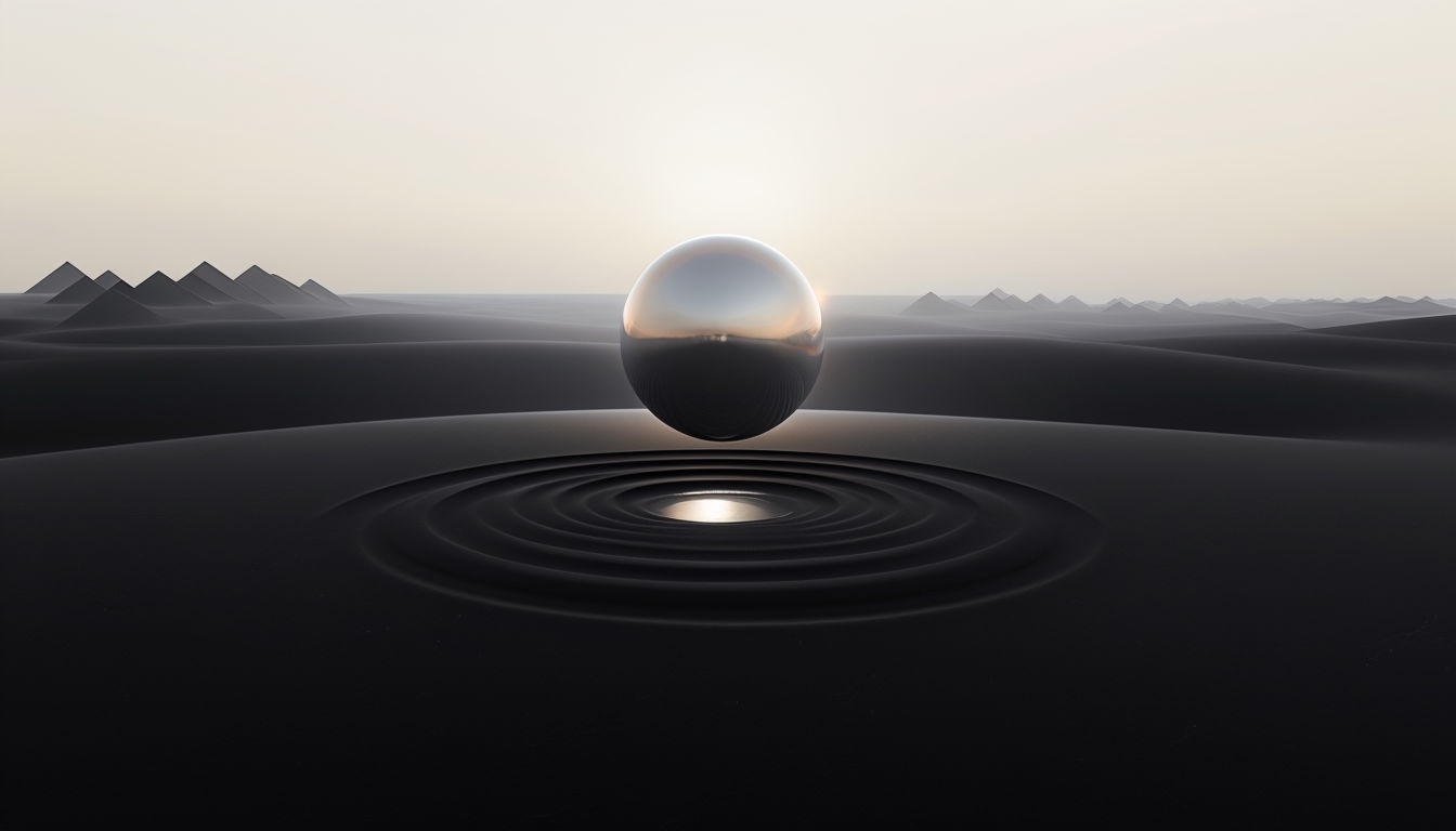 Surreal Minimalist Desert Scene with Metallic Orb Wallpaper Virtual Backgrounds
