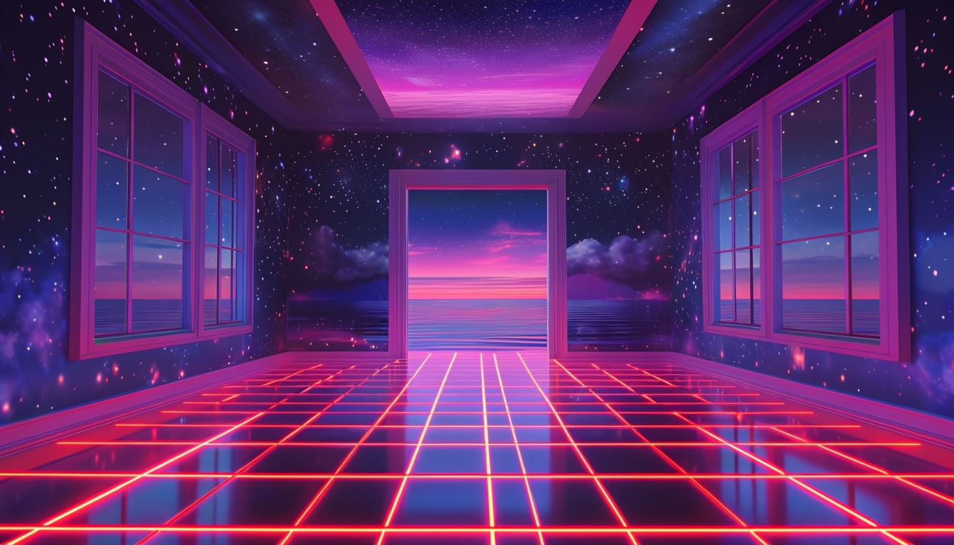 Surreal Retro-Futuristic Room with Cosmic Aesthetic Background