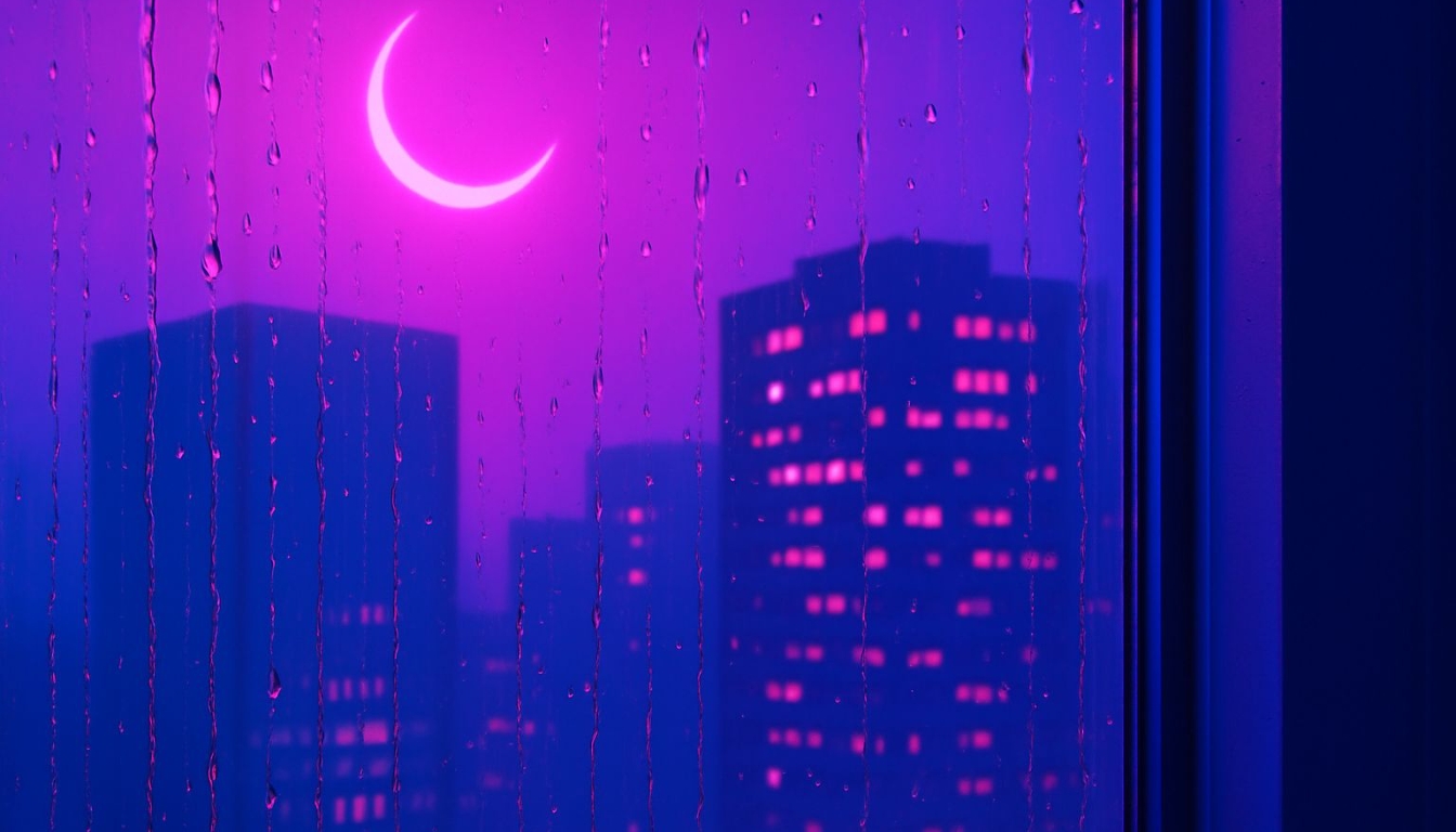 Serene Urban Night Scene with Rain and Neon Lights Virtual Backgrounds