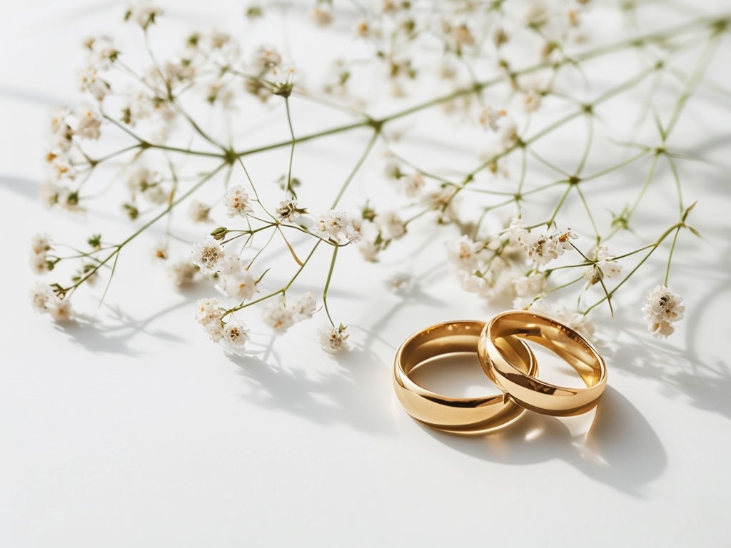 Elegant Gold Wedding Rings with White Flowers Art