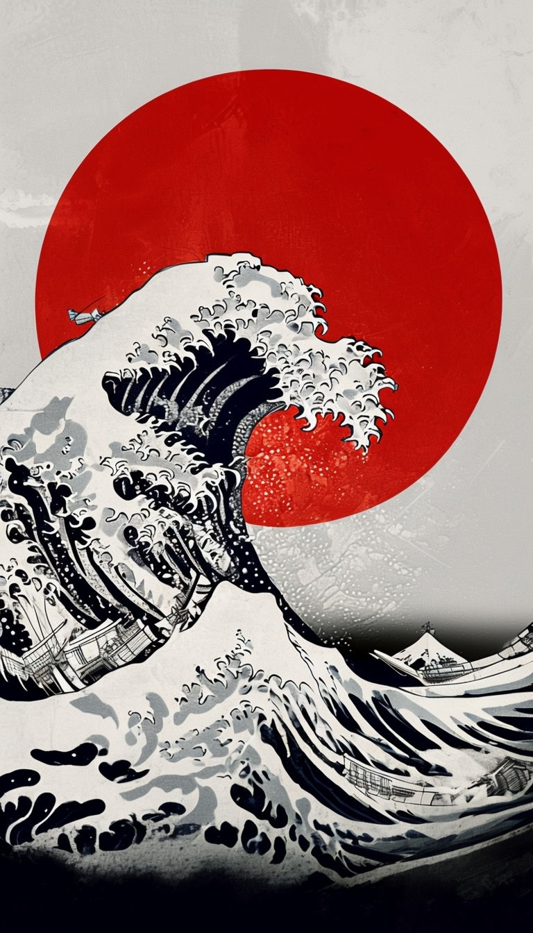 Modern Japanese Wave and Sun Design Phone Case Cover