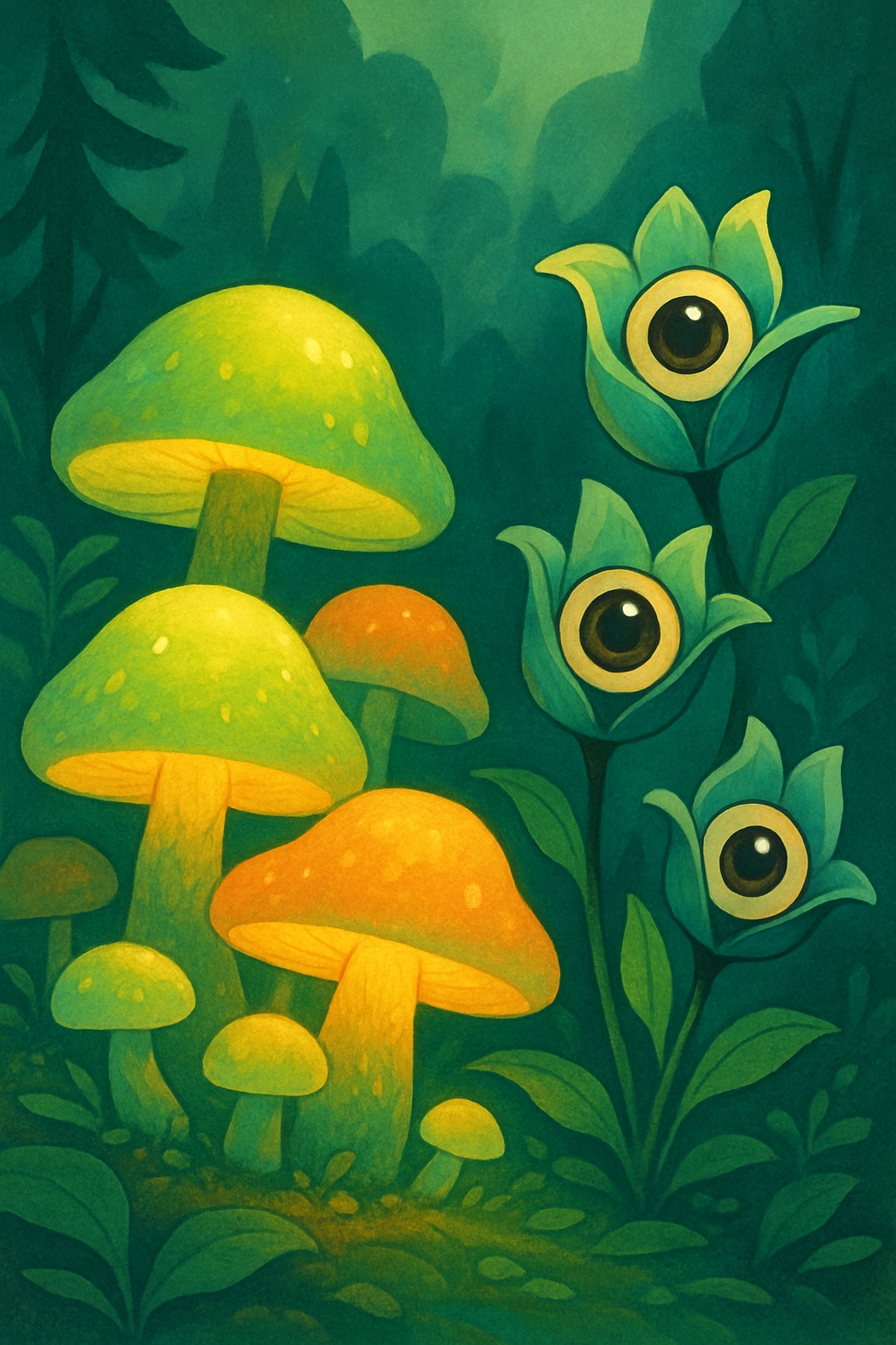 Whimsical Enchanted Forest with Colorful Mushrooms Art