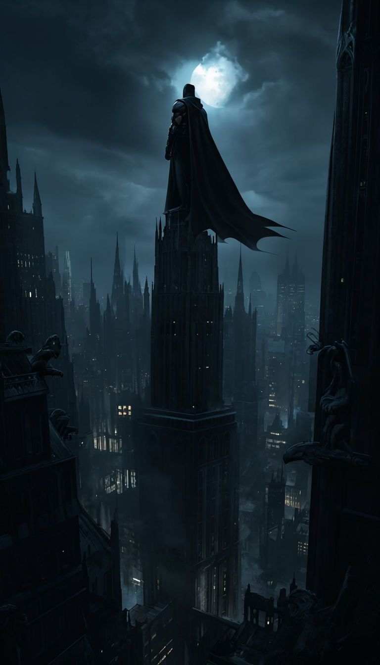 Caped vigilante atop Gothic city skyscraper