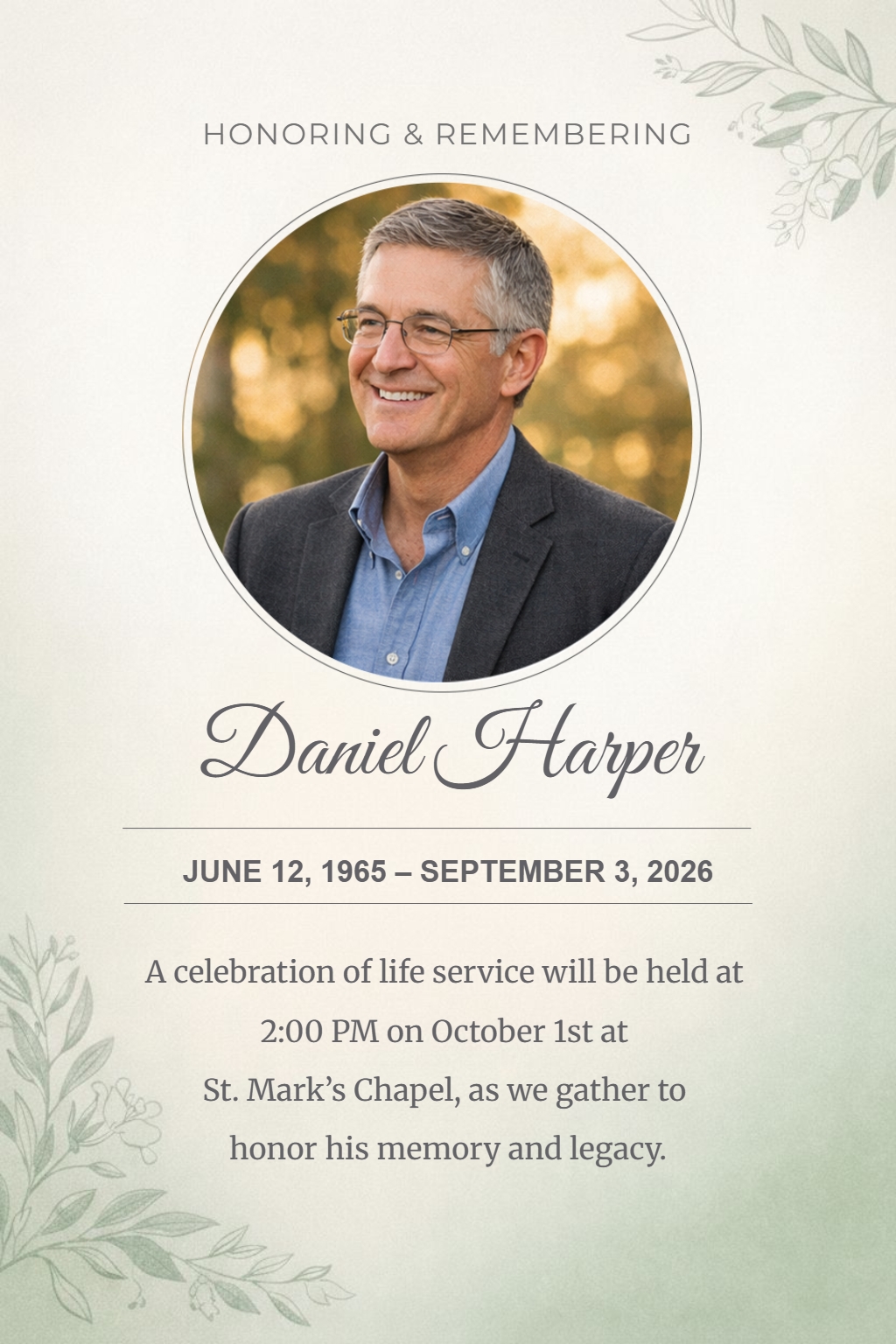 Elegant Memorial Invitation for Daniel Harper's Celebration of Life Flyer