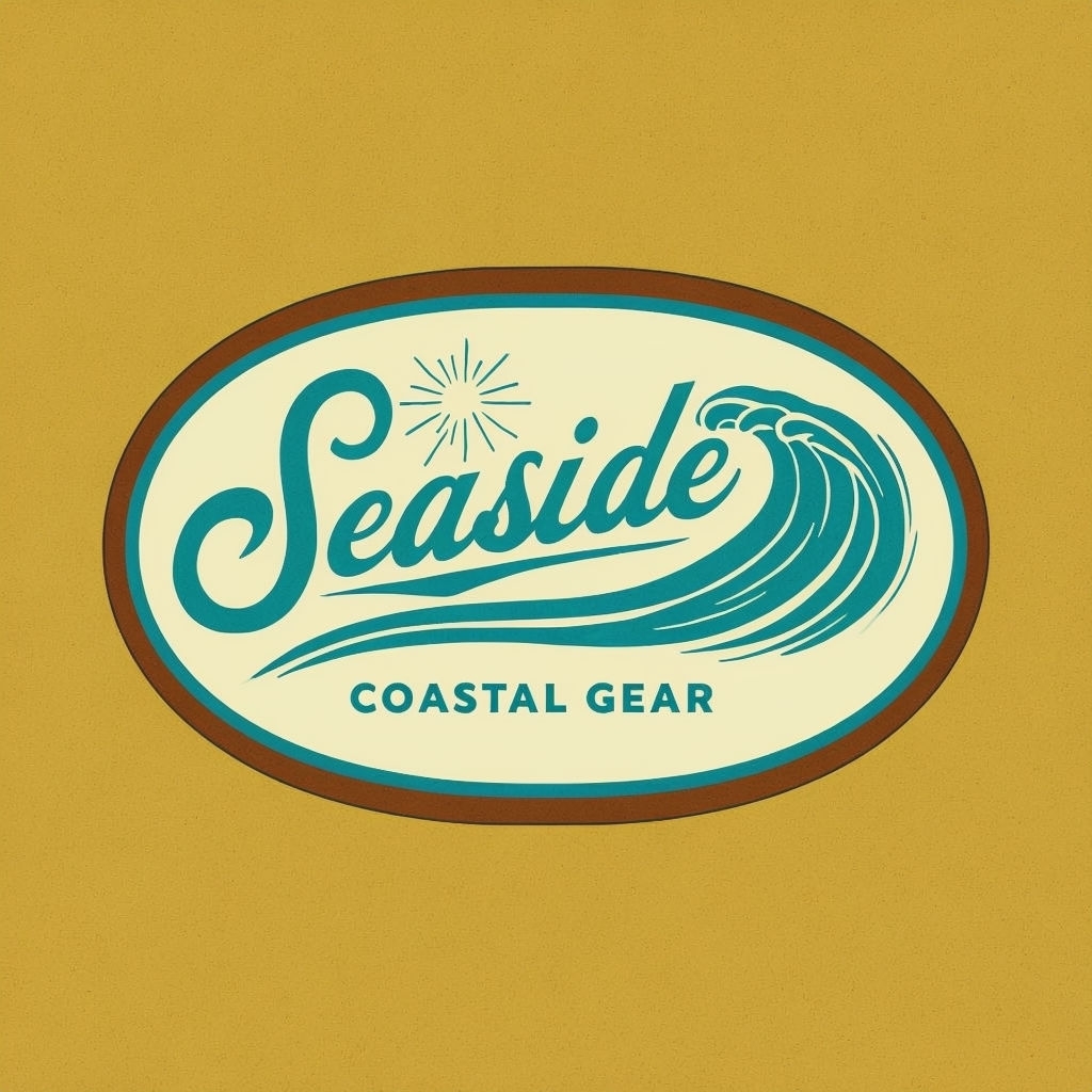 Retro Seaside Coastal Gear Logo with Waves and Sunburst