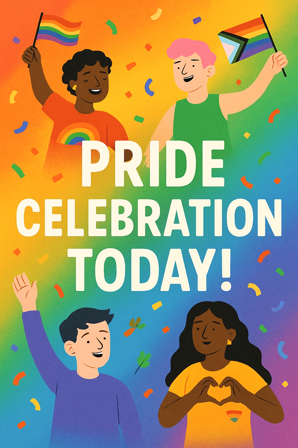 Vibrant Pride Celebration Illustration with Diverse Characters Sign