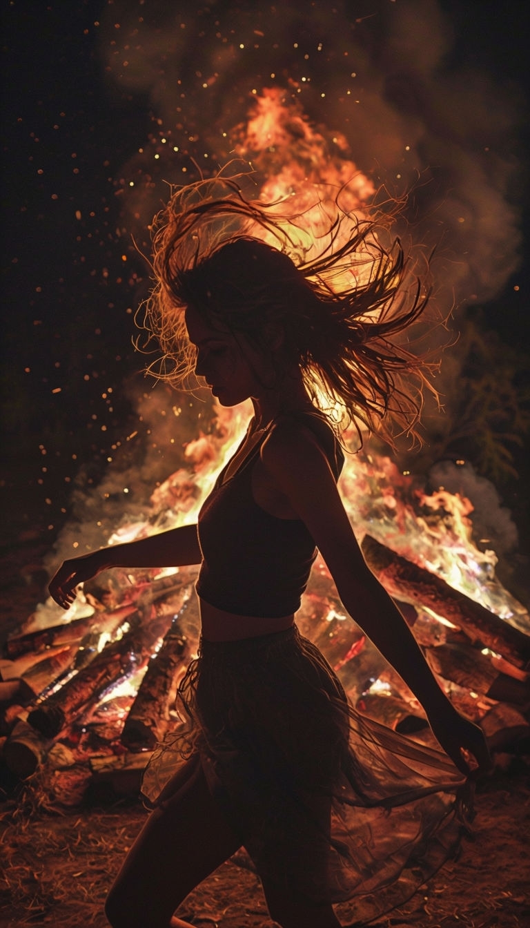 Dynamic Silhouette of Dancing Woman by a Bonfire Mobile Wallpaper