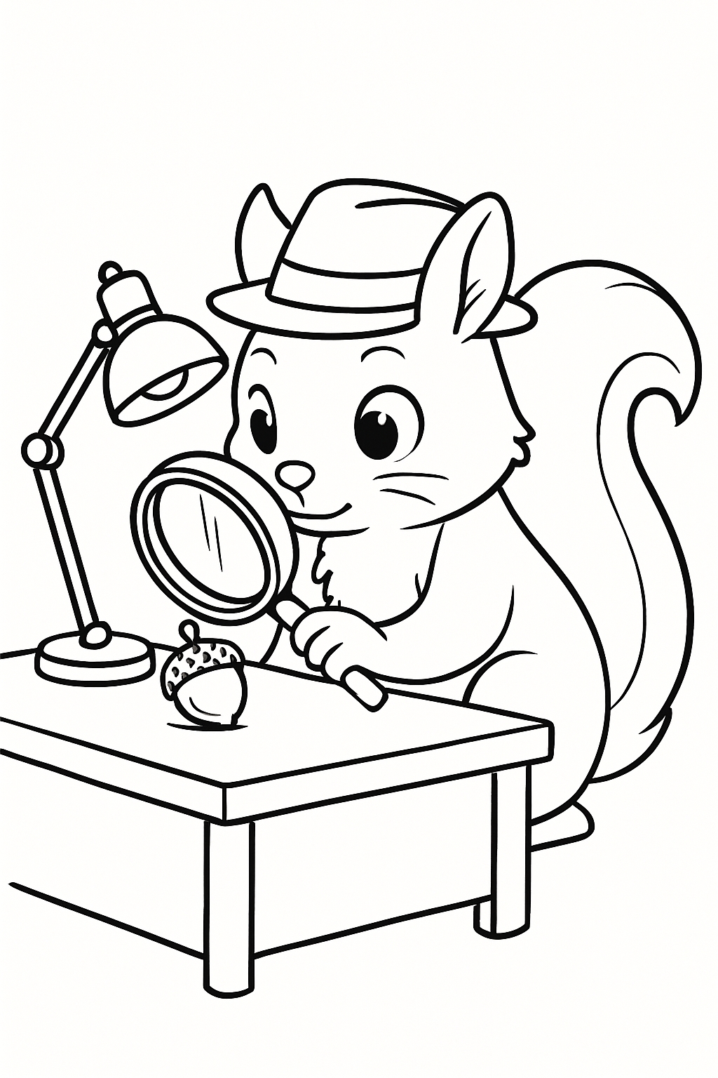 Curious Squirrel Examining Acorn with Magnifying Glass Coloring Book Pages