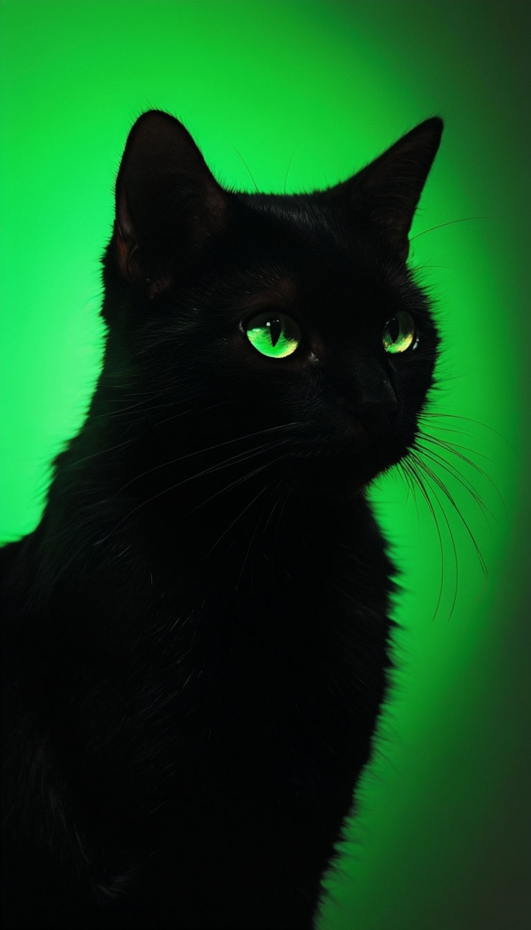 Mysterious Black Cat with Neon Green Eyes Mobile Wallpaper