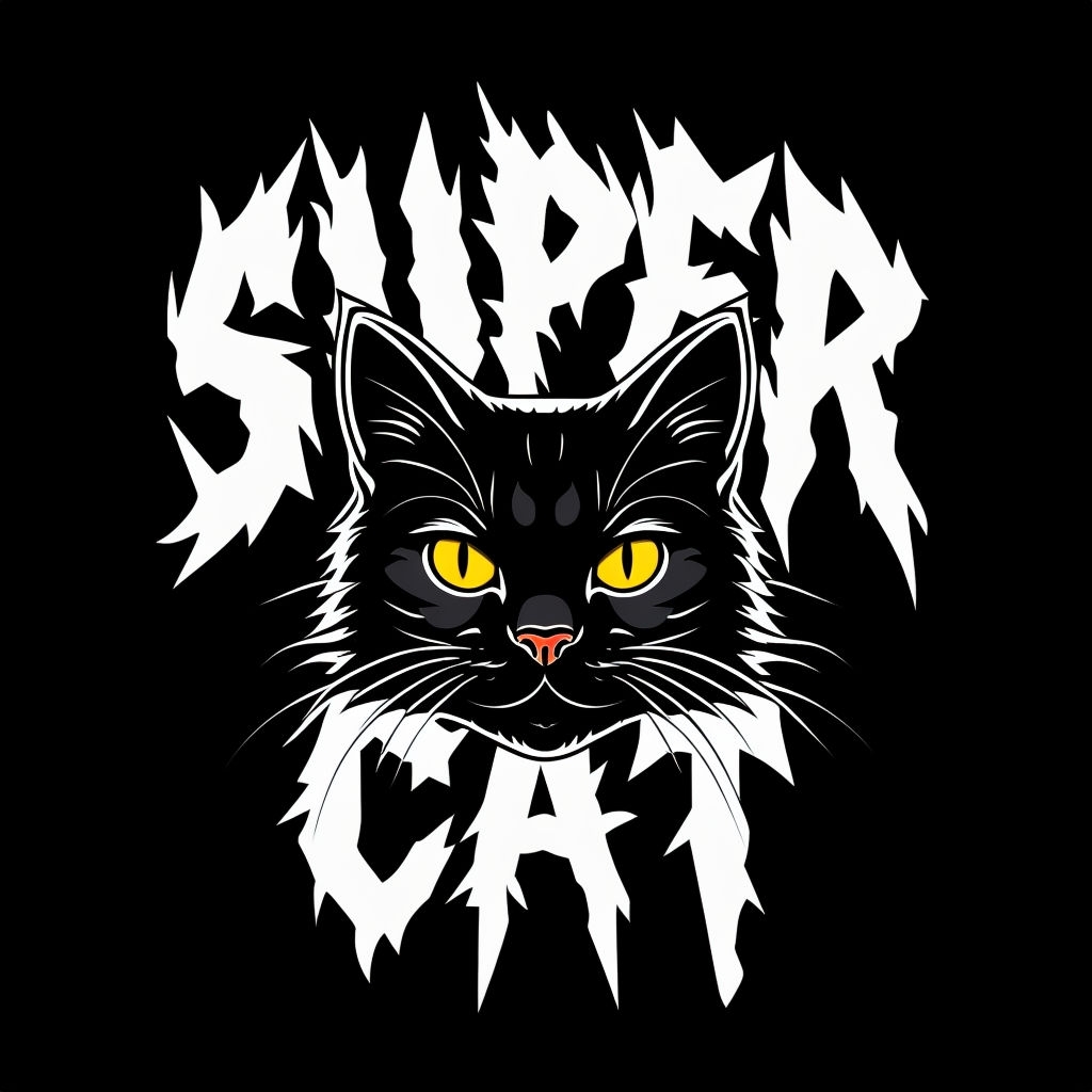 Bold Graphic Super Cat T-Shirt Design with Distorted Typography