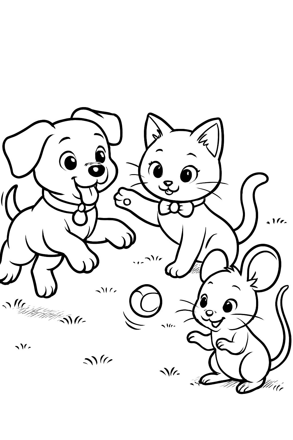 Playful Cartoon Animals on Grassy Patch Coloring Page