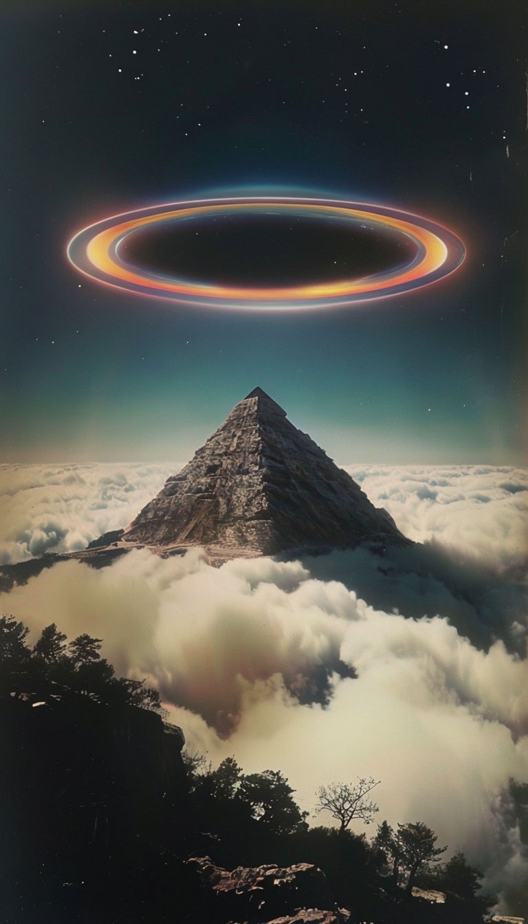 Surreal Pyramid Mountain Under Celestial Rings Mobile Wallpaper