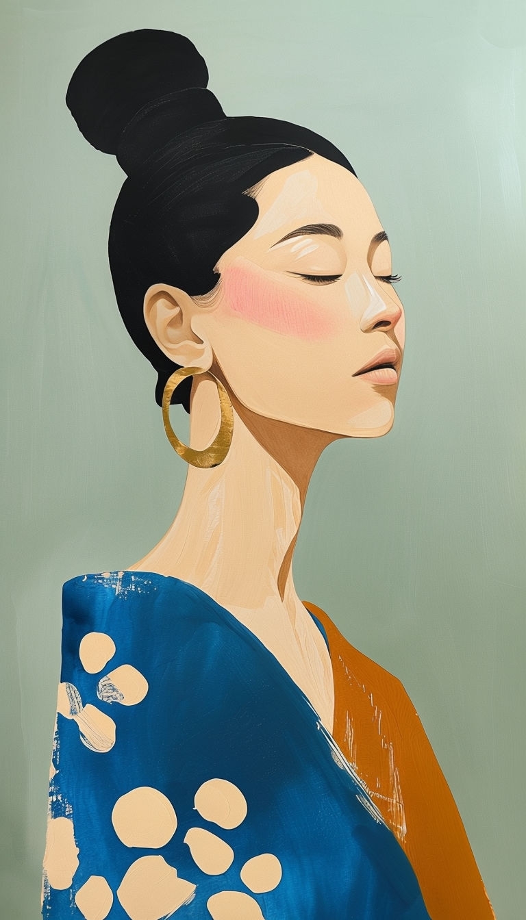 Elegant Portrait of a Serene Woman with Colorful Attire Painting Art