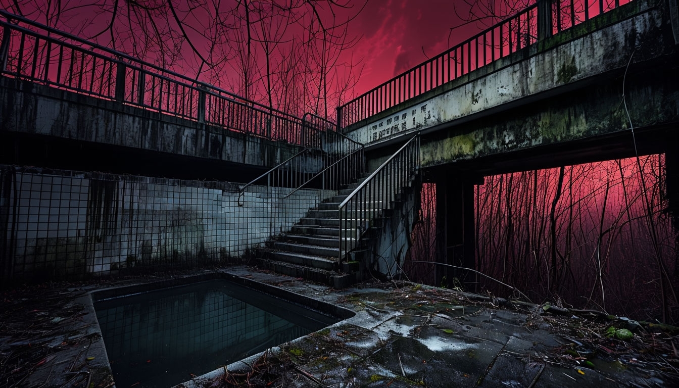 Eerie Abandoned Structure in Forest with Crimson Sky Background Virtual Backgrounds