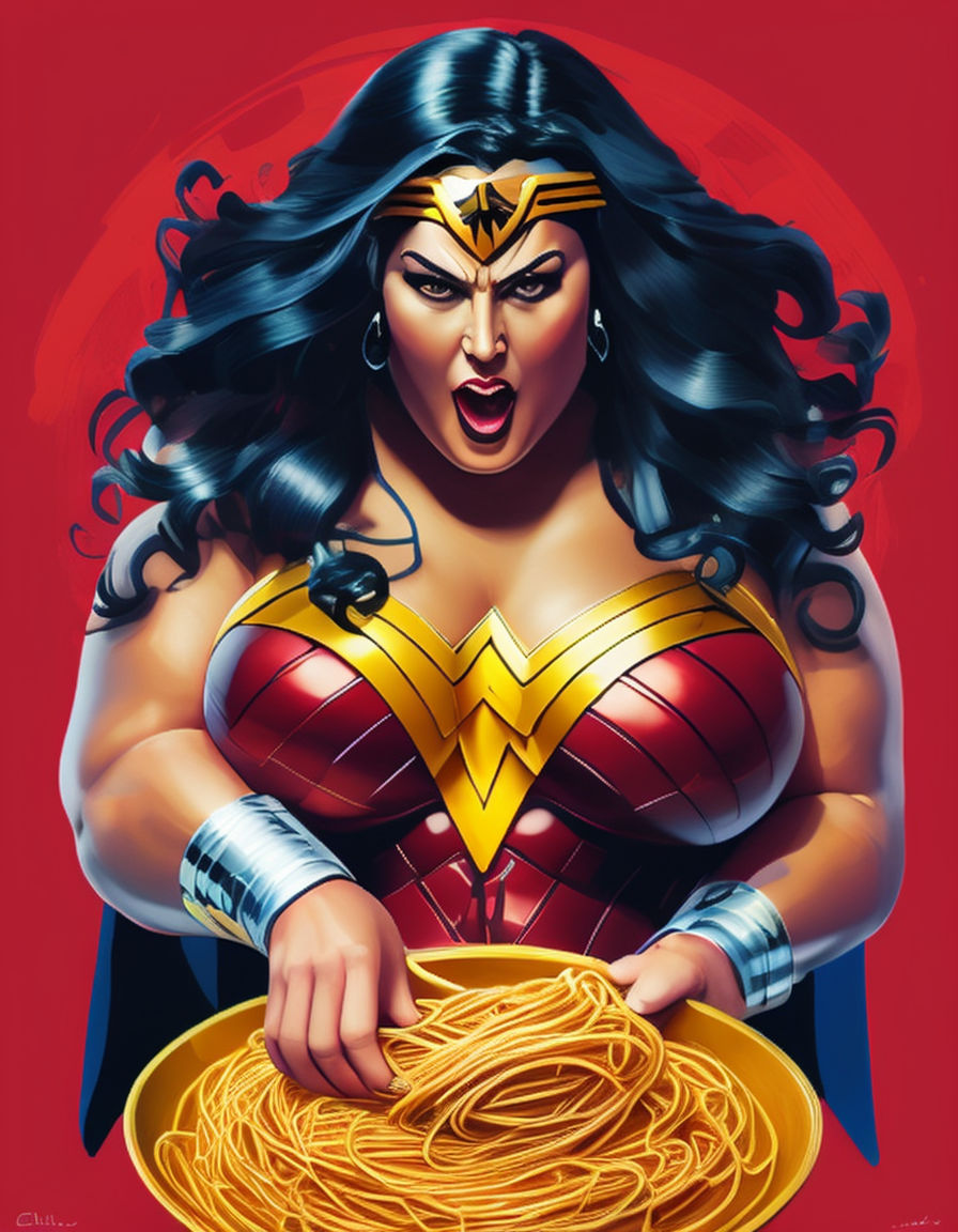 fat wonder woman eating a bowl of spaghetti with meat sauce