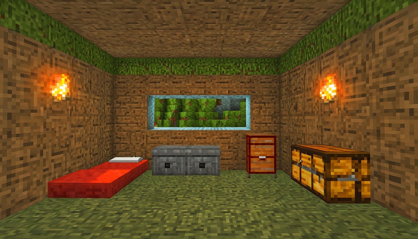 Cozy Minecraft Underground Room with Crafting Station Art