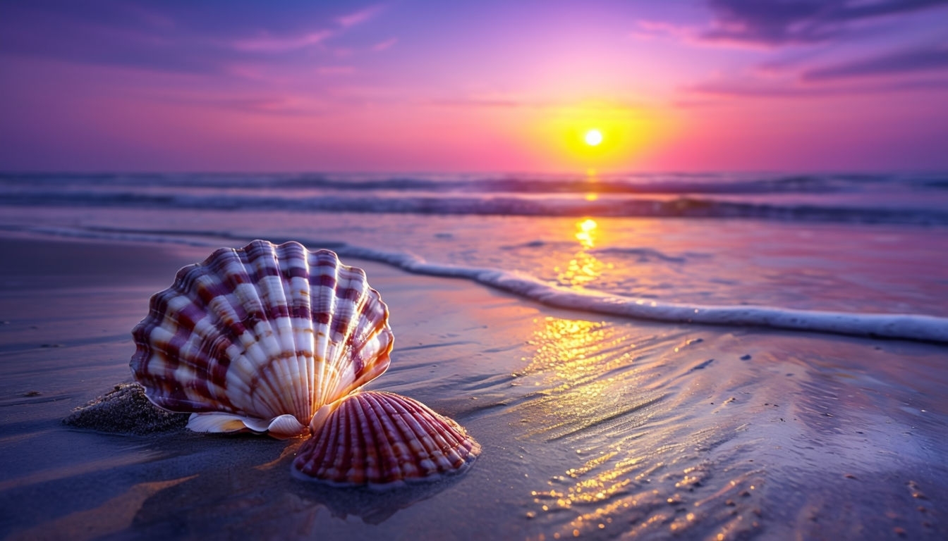 Serene Sunset Beach Scene with Shells and Dynamic Waves Virtual Backgrounds