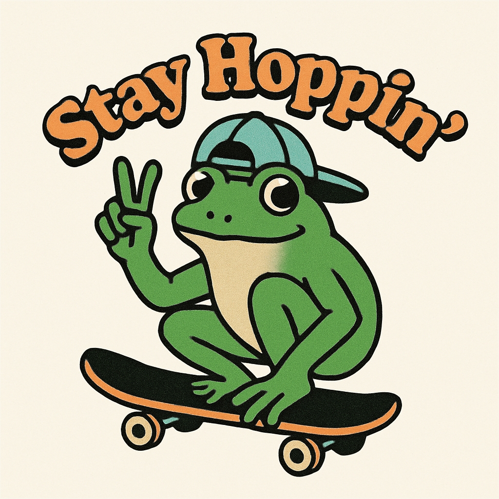Cheerful Green Frog on Skateboard with Stay Hoppin' Text T-Shirt