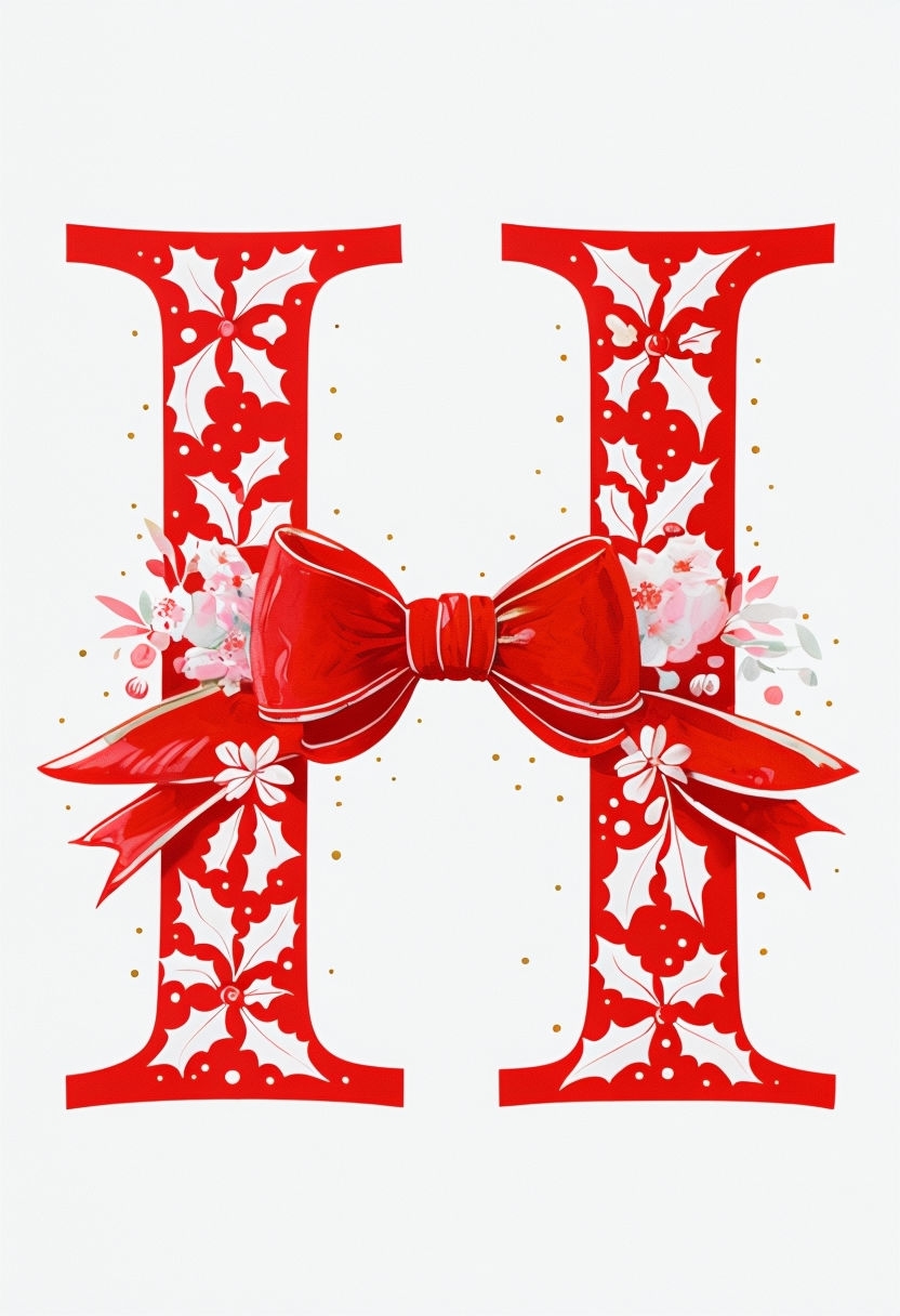 Intricate Red H Letter with Holly and Bow Design Sticker