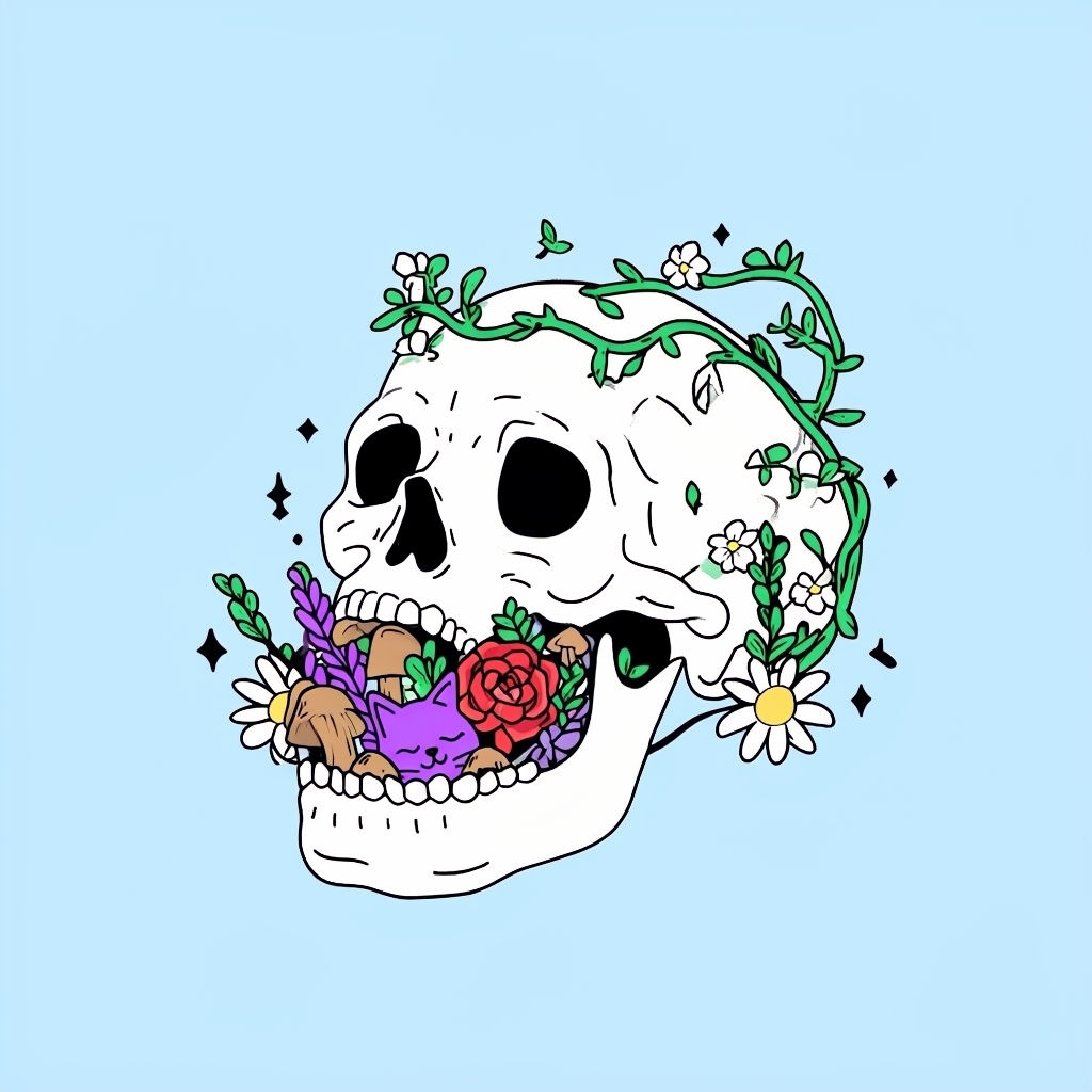 Colorful Skull with Vines and Floral Elements T-Shirt