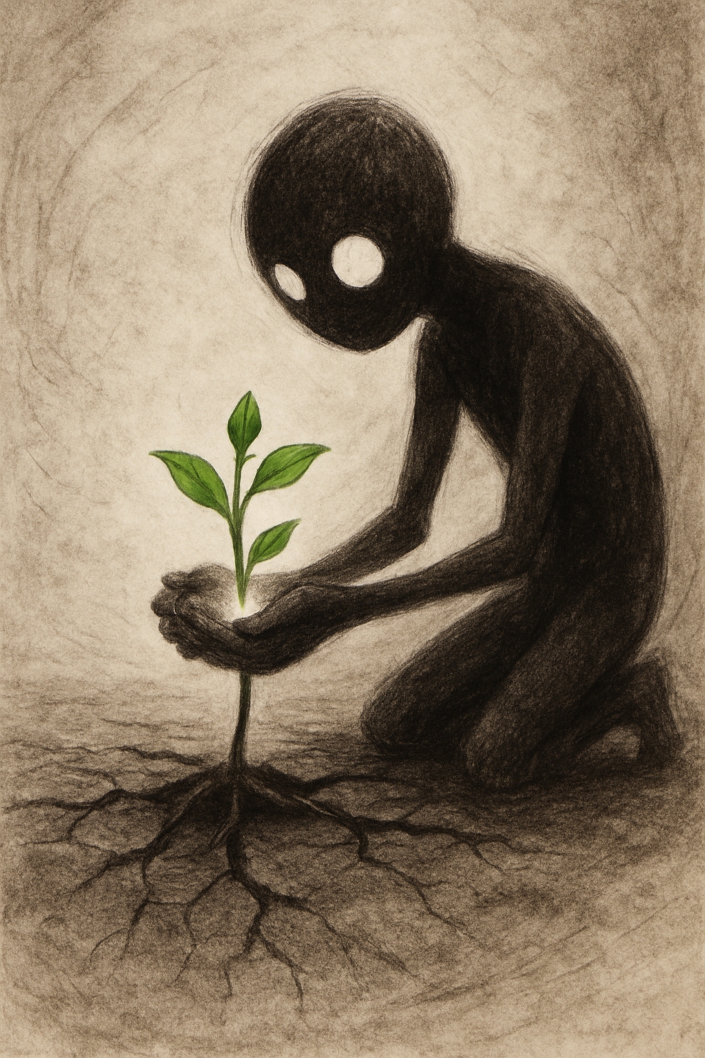 Surreal Monochromatic Humanoid Nurturing Plant Illustration Art