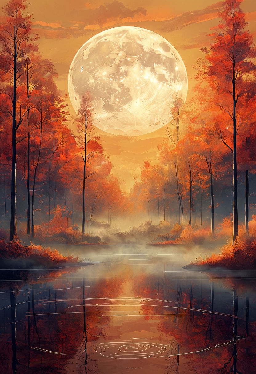 Serene Autumn Landscape with Luminous Full Moon Art