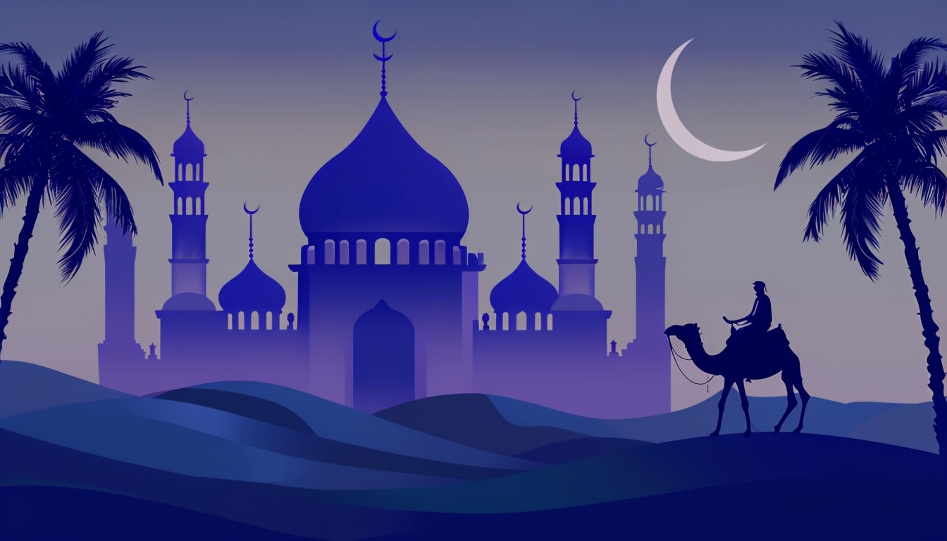 Serene Desert Landscape with Mosque and Camel Rider Virtual Background