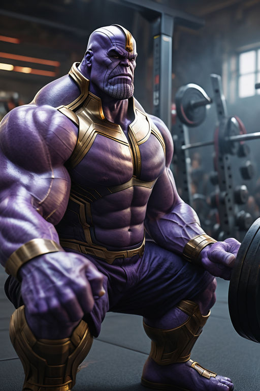 Create a realistic image of Thanos doing squats with heavy w... by ...