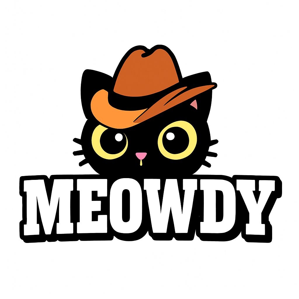 Playful Cartoon Black Cat with Cowboy Hat and 'MEOWDY' Sticker