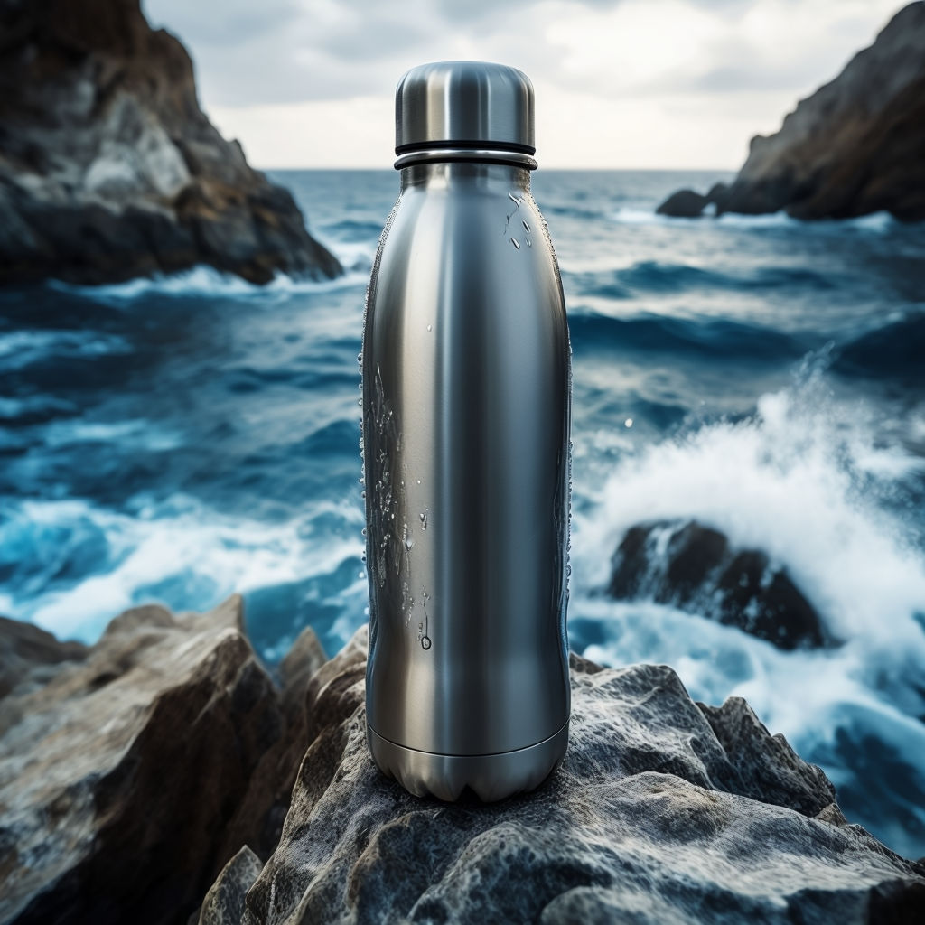 Sleek Stainless Steel Water Bottle Mockup in Coastal Adventure Setting