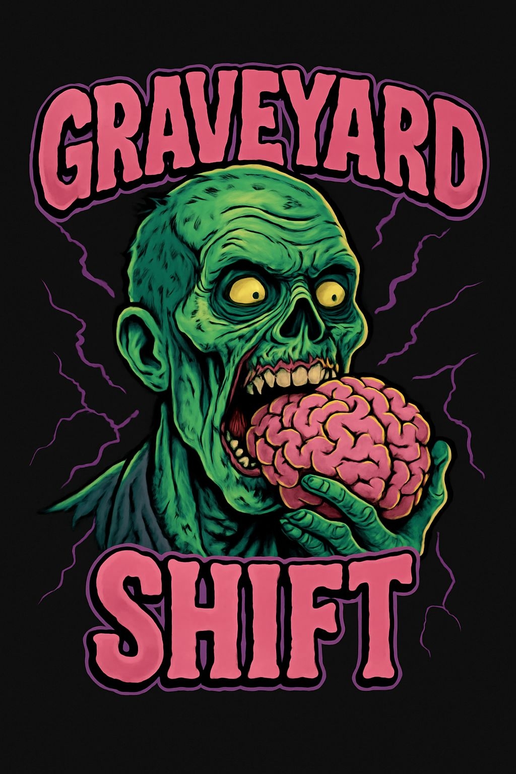 Grotesque Zombie with Brain and Lightning Horror T-Shirt