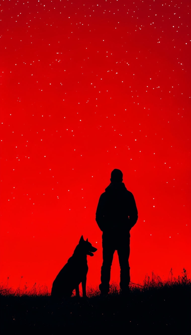 Silhouetted Person and Dog Under Starry Red Sky Mobile Wallpaper