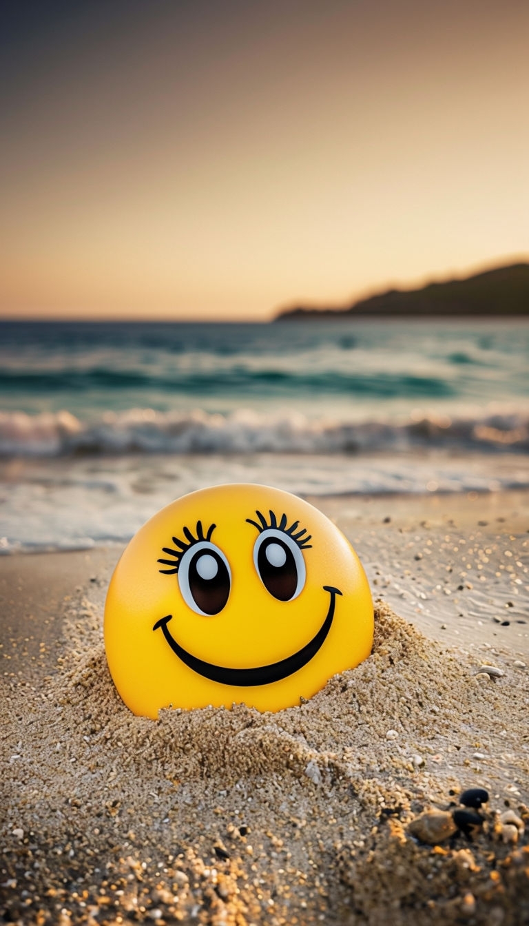Bright Yellow Smiley Face Emoji on Sandy Beach Mobile Wallpaper