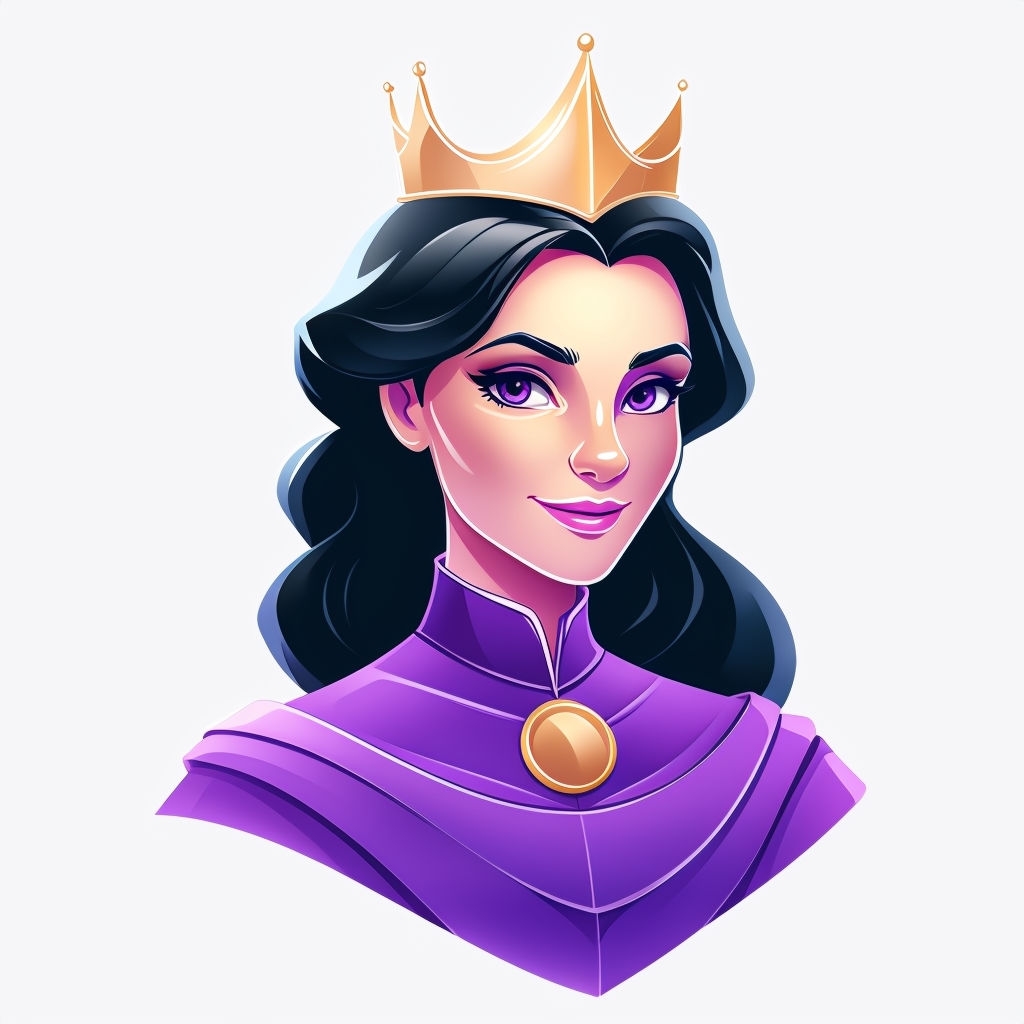 Serene Queen Illustration with Amethyst Eyes and Golden Crown Sticker