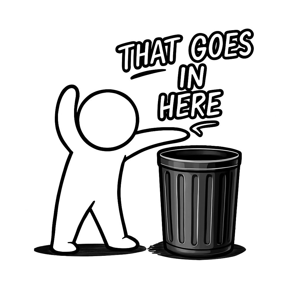 Humorous Cartoon Stick Figure with Garbage Can Sticker