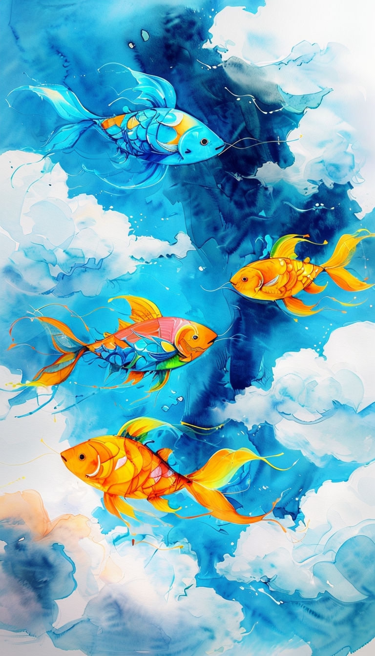 Whimsical Watercolor Fish Swimming Through Bright Puffy Clouds Mobile Wallpaper