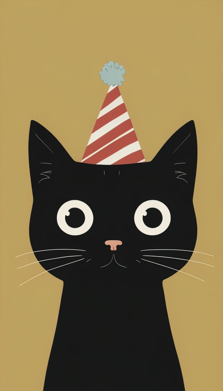 Cheerful Black Cat in Party Hat Minimalist Illustration Phone Case Cover