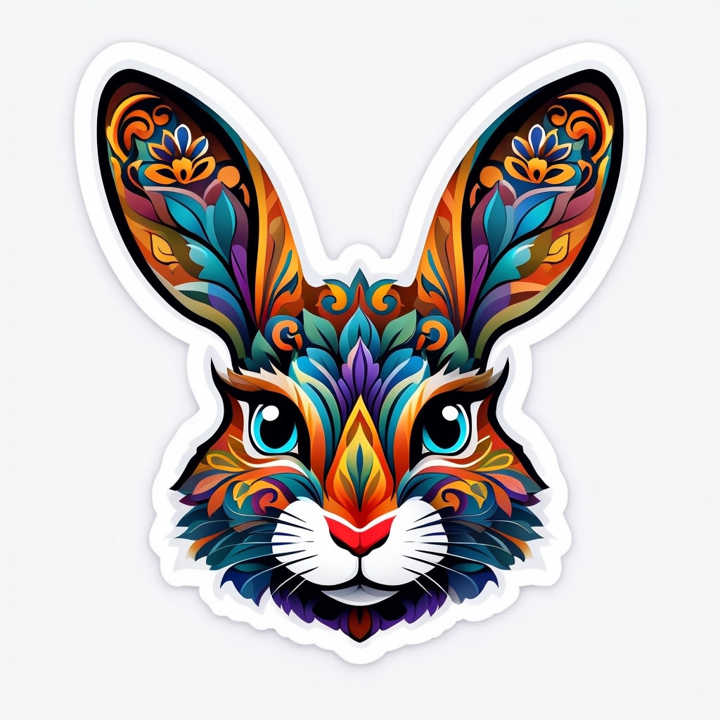 Vibrant Illustrated Rabbit Face with Colorful Patterns Sticker