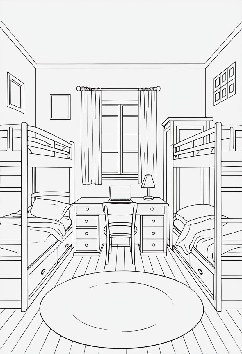 Minimalist Black and White Bedroom Line Drawing Coloring Book Page