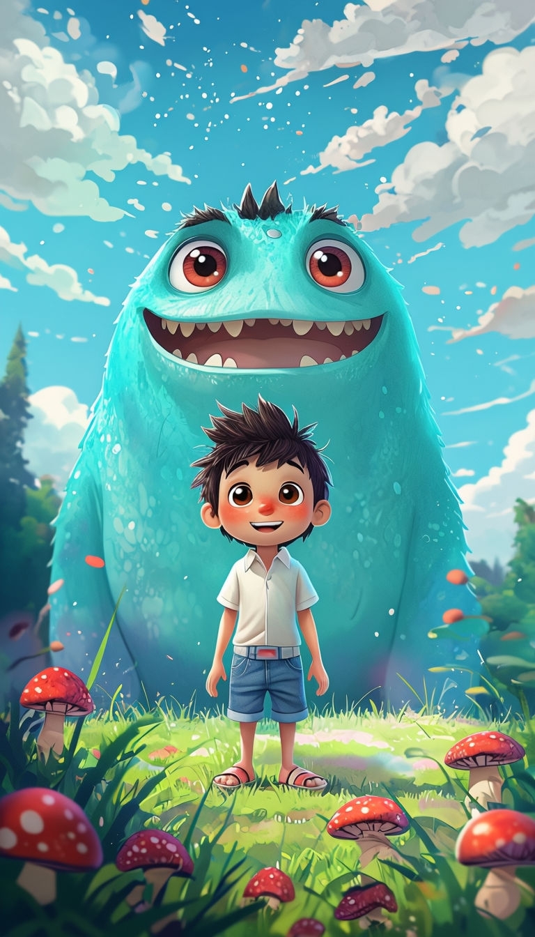 Joyful Boy and Friendly Turquoise Monster Cartoon Art